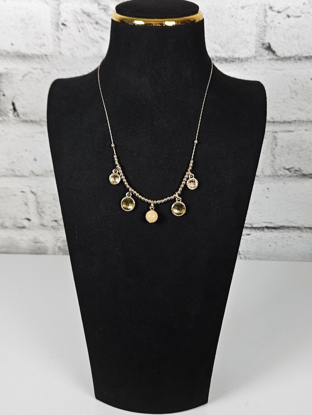 Gold Tone Yellow Crystal Beaded Charm Dangle Necklace